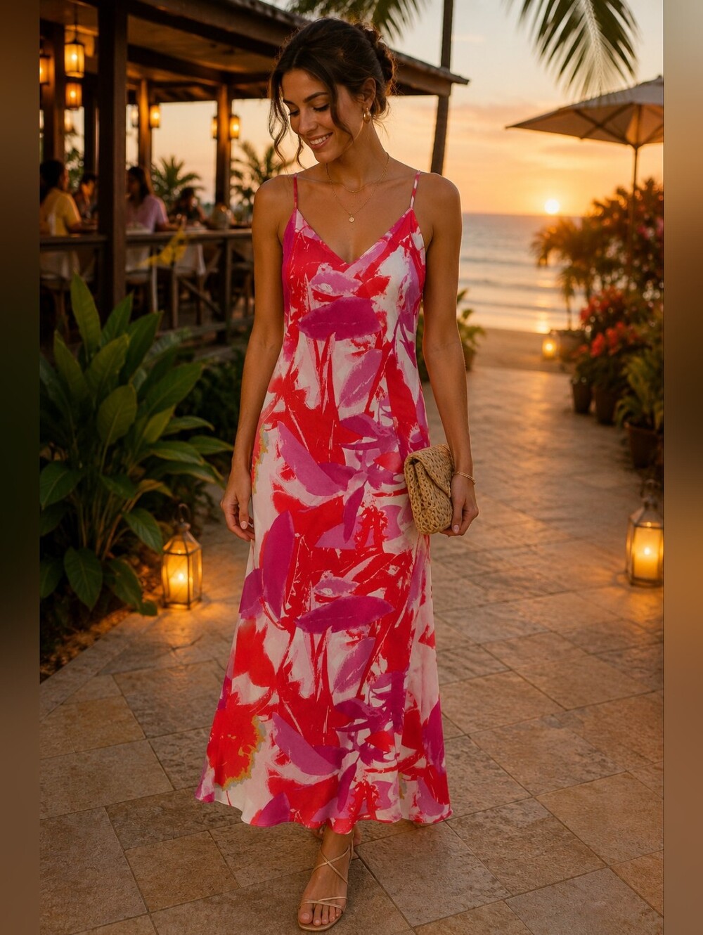Natori Silk Floral Slip Dress Pink Red White Size Large Never Worn